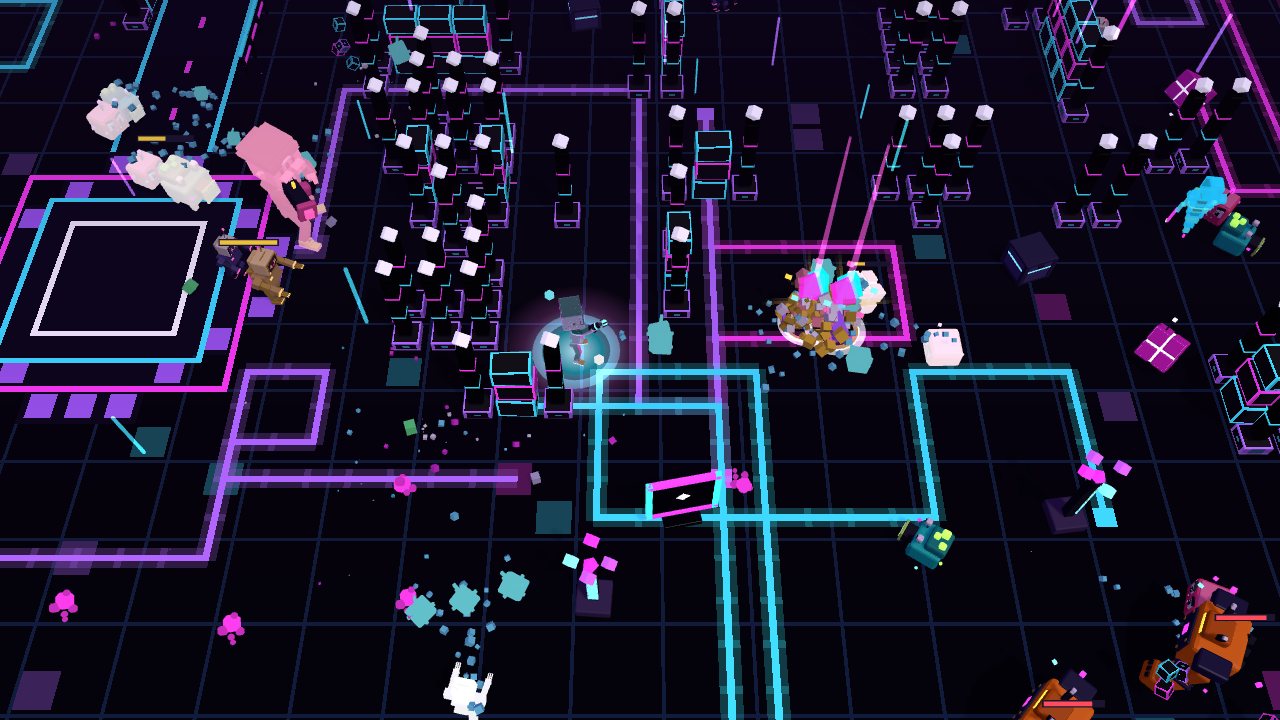 Voxfield gameplay: a runner fighting through a neon Deep Glitch zone